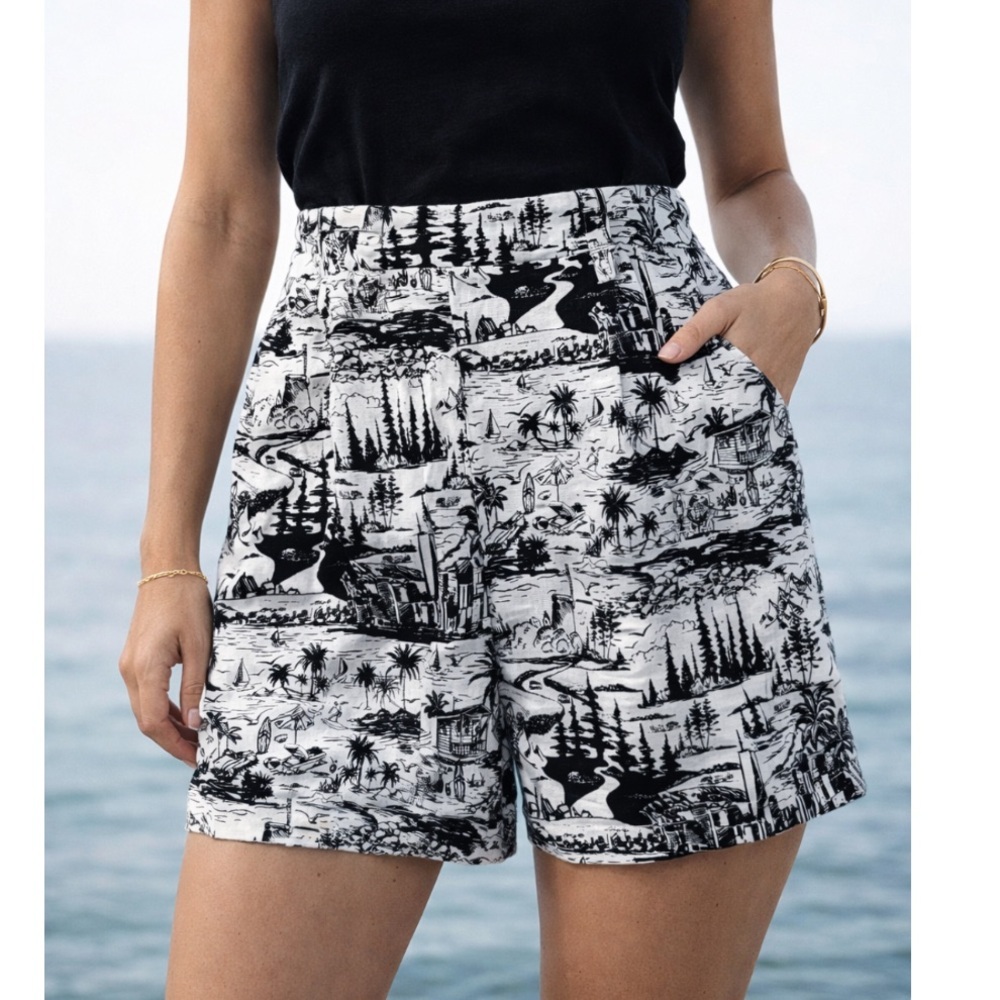 Hilary Radley Black and White Scenic Print High Waist Linen Blend Shorts